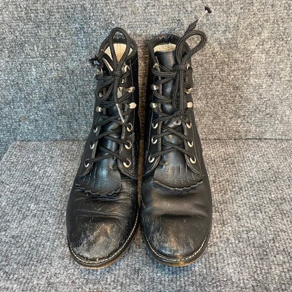 Vintage Justin Black Leather Kiltie Boots Kids 13.5 Lace Up Leather Granny USA - Picture 5 of 7